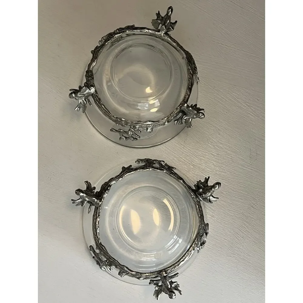 Stag Head Pewter Glass Bowl Cocktail Pick Holder & Picks 3pc Set Condiment Lodge